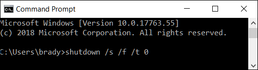 Command Prompt showing shutdown command