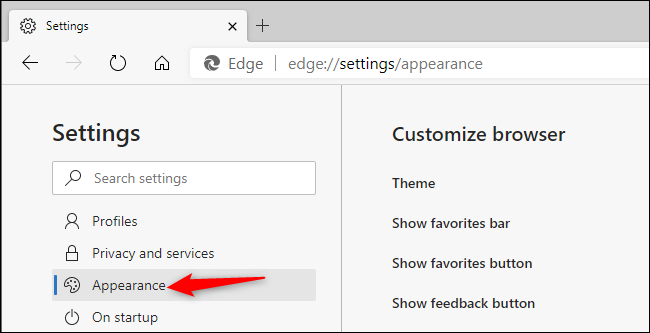 Finding the new Microsoft Edge's appearance options.