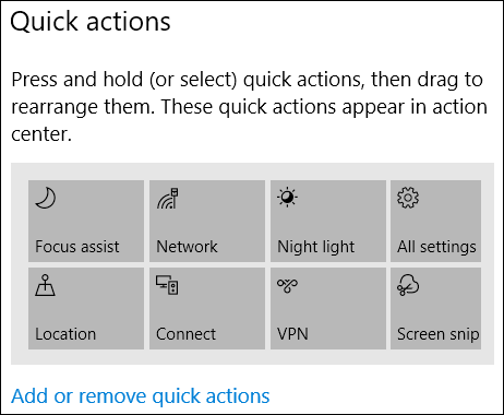 available quick actions shown in settings app