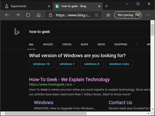 Forcing dark mode on Bing in Microsoft's new Edge browser.