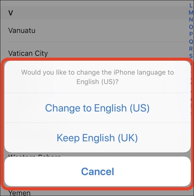 Tap the language you require or tap cancel