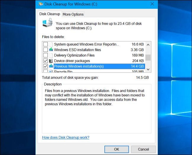 Previous Windows installation(s) option in Disk Cleanup