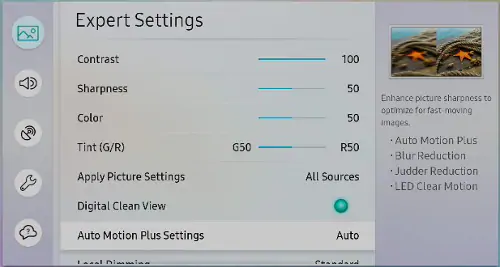 Auto Motion Plus settings on a Samsung TV