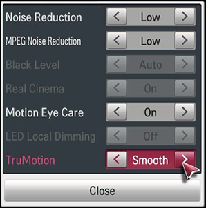 TruMotion motion smoothing settings on an LG TV