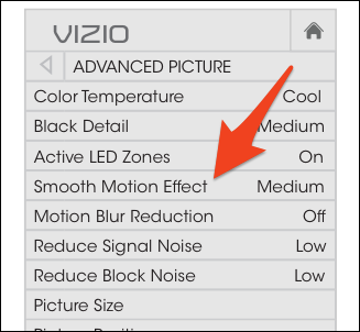 Smooth Motion Effect options on a Vizio TV