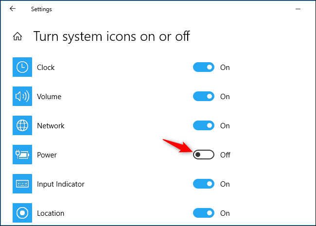 Option to show the battery icon on Windows 10's taskbar in the Settings app