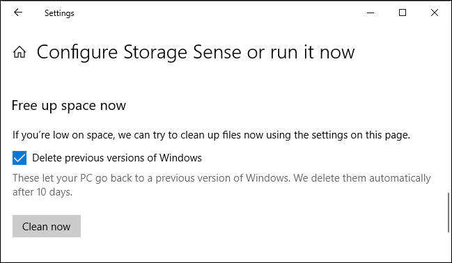 Delete previous versions of Windows in the Settings app