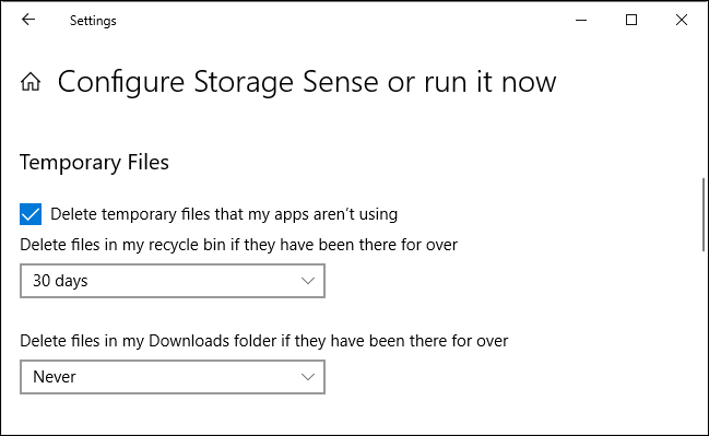 Storage Sense's recycle bin and Downloads options