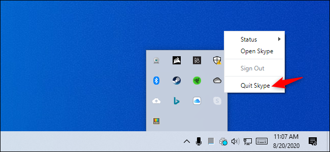The Quit Skype option in Skype's system tray icon on Windows 10.